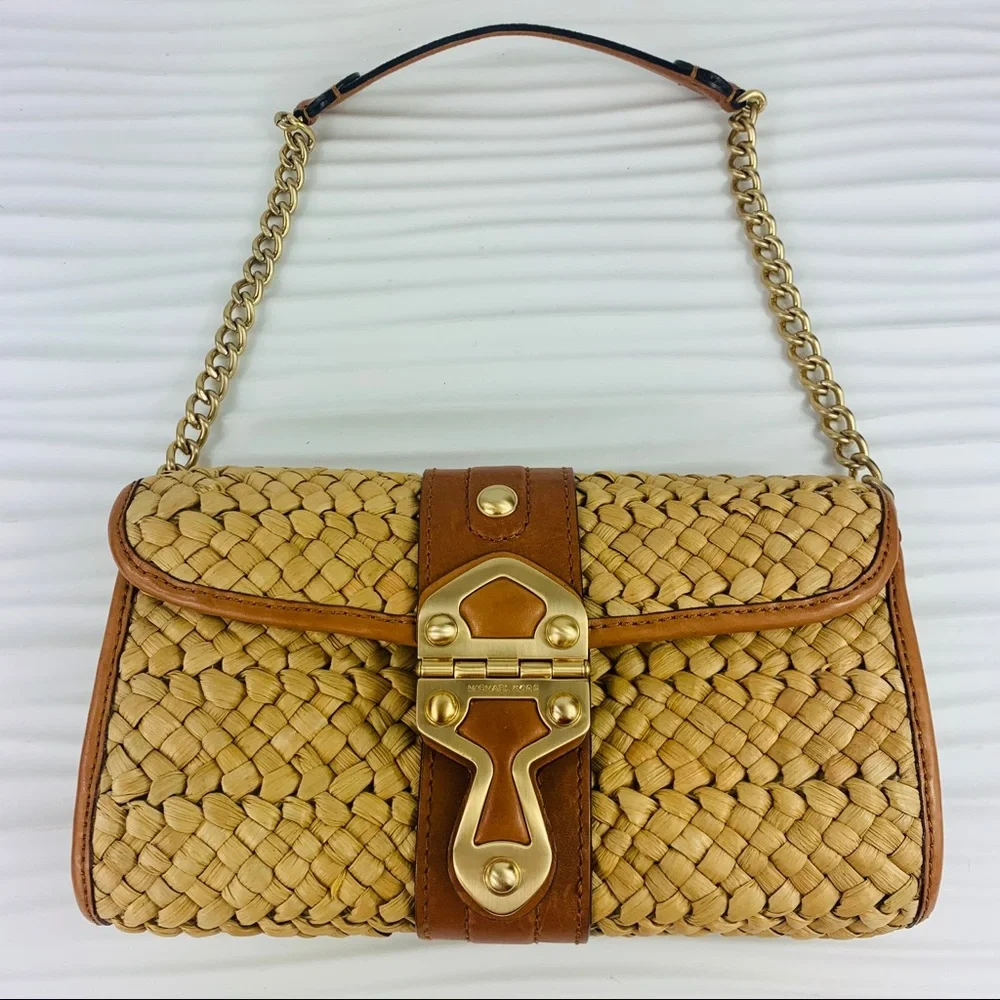 Michael Kors Tan Woven Straw Shoulder Bag with Gold Hardware